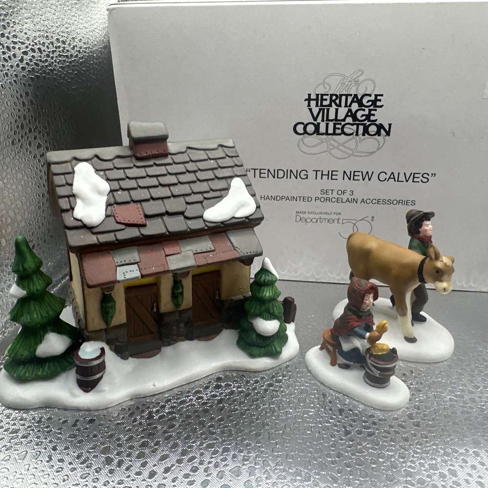Department 56 Heritage Village: "Tending The New Calves" 3pc Set w/ Box